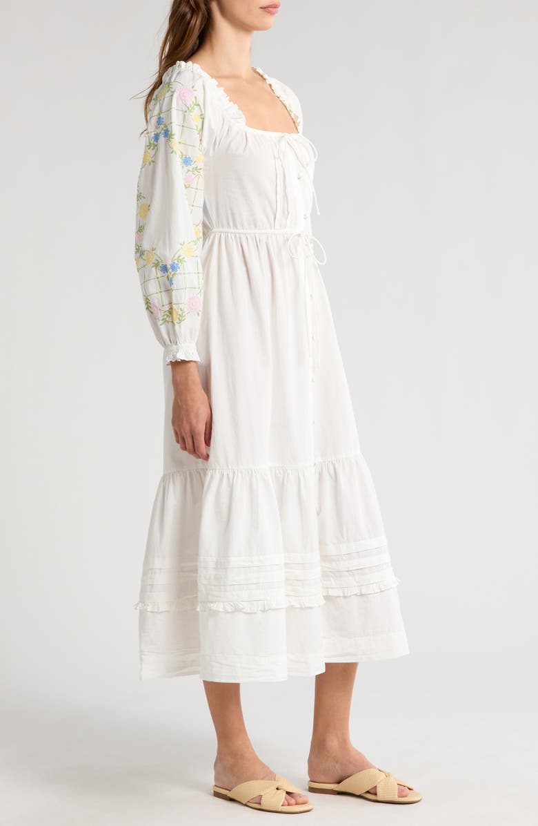 Damson Madder Junia Embroidered Long Sleeve Organic Cotton Midi Dress, Alternate, color, White