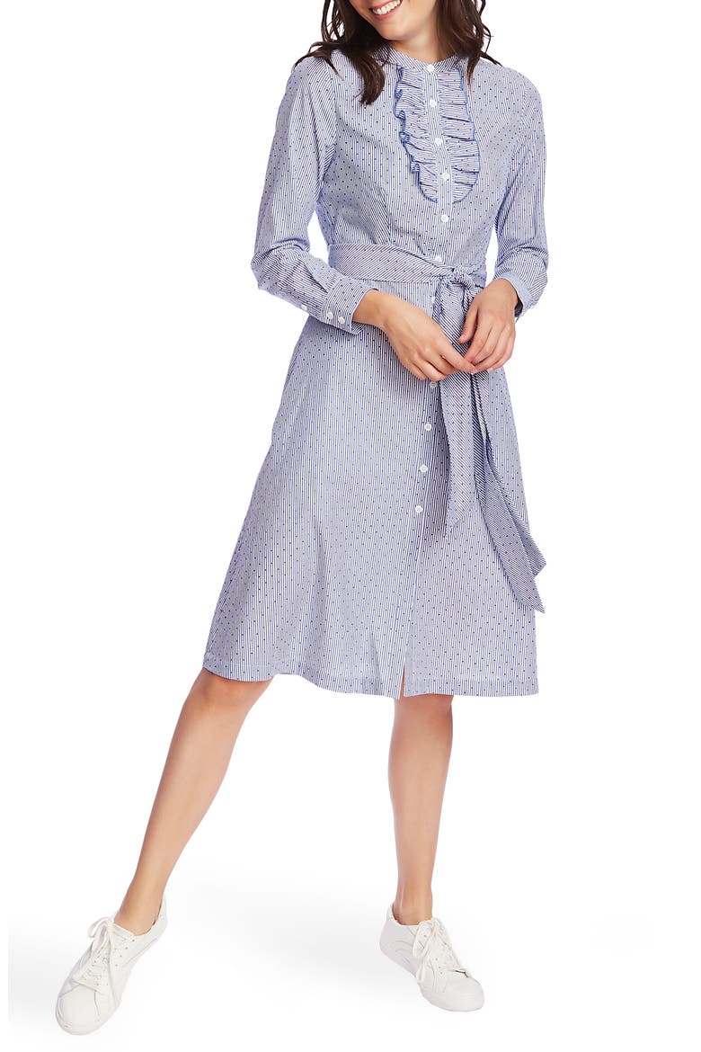 Ruffle Placket Flocked Dot Pinstripe Long Sleeve Cotton Shirtdress, Main, color, CHAMBRAY BLUE