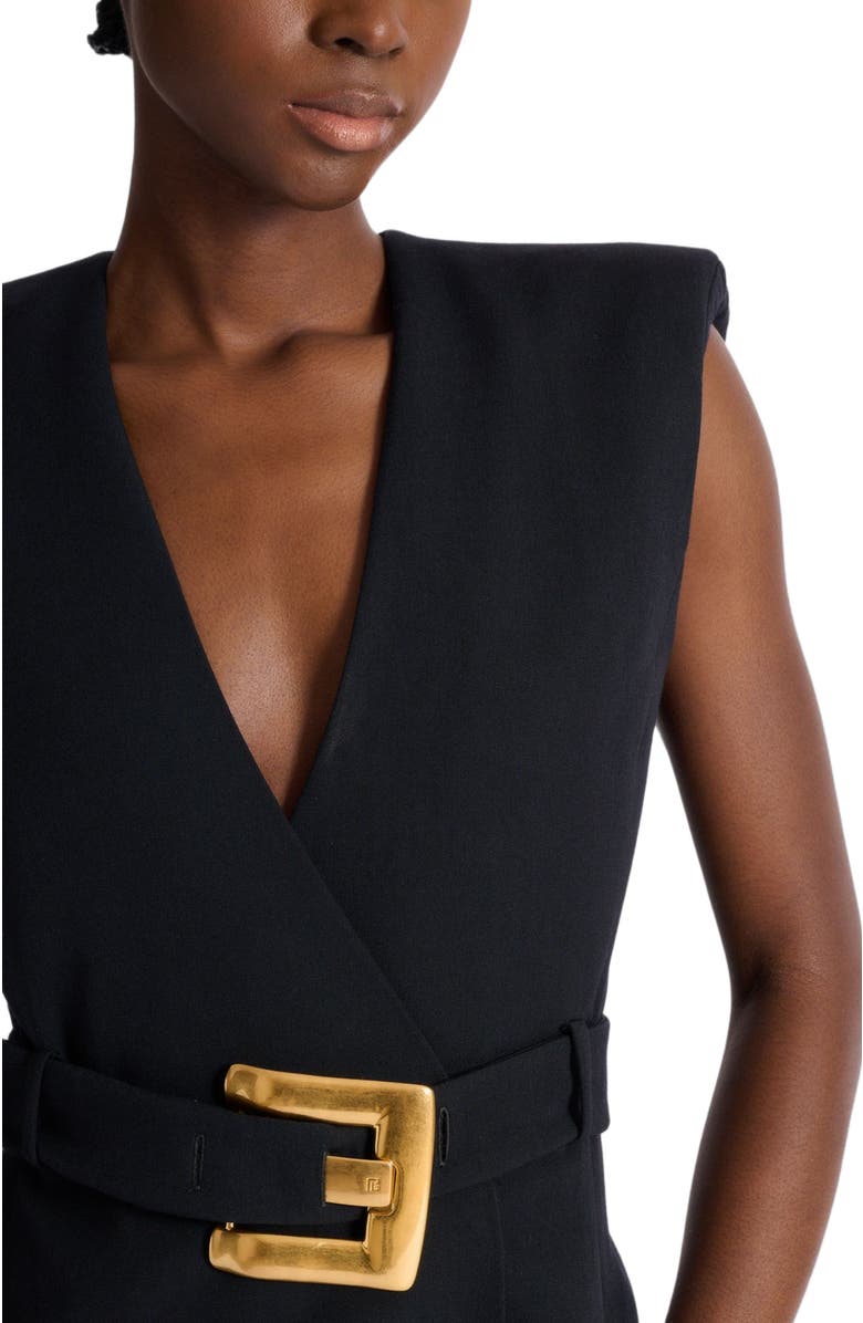 Balmain Short belted grain de poudre dress, Alternate, color, Black