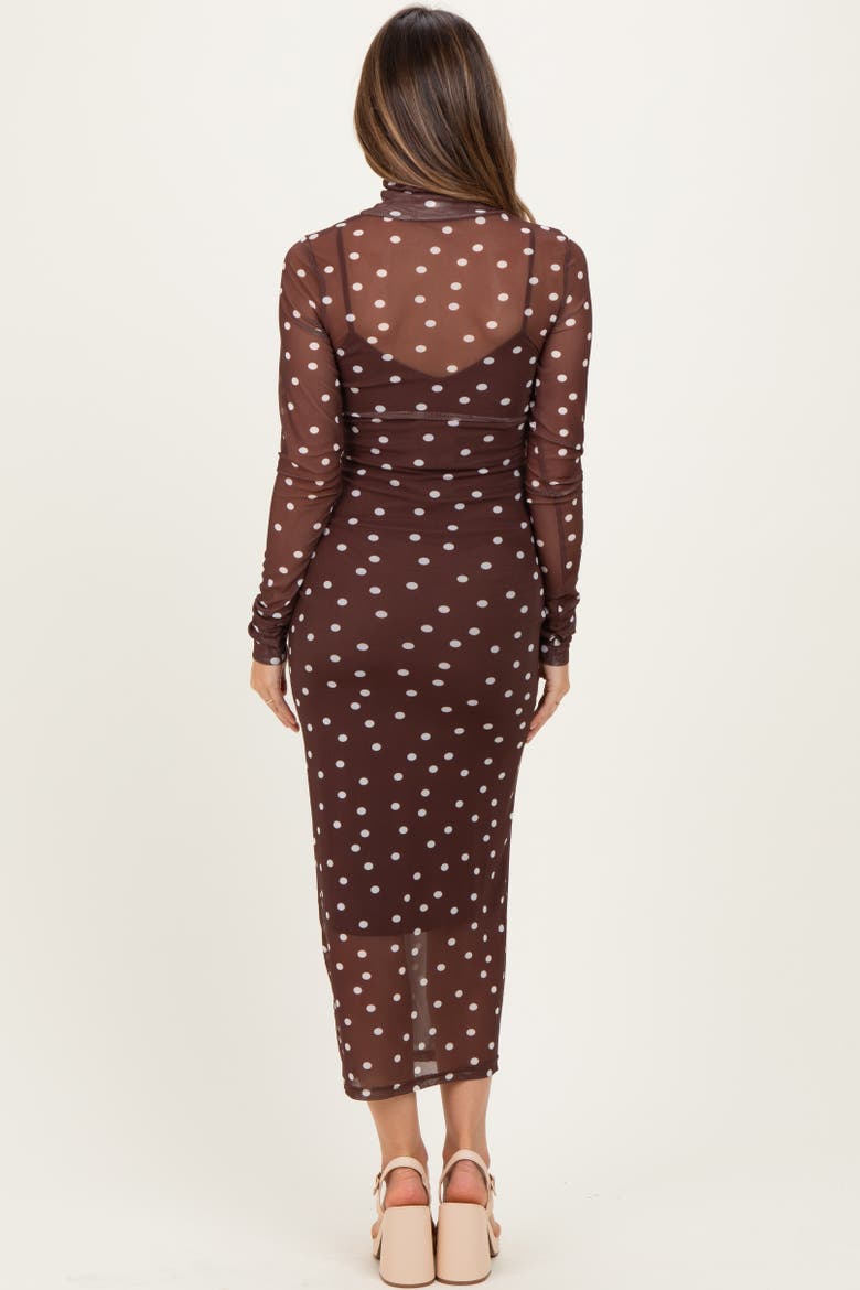 Polka Dot Mesh Overlay Midi Dress, Alternate, color, Brown