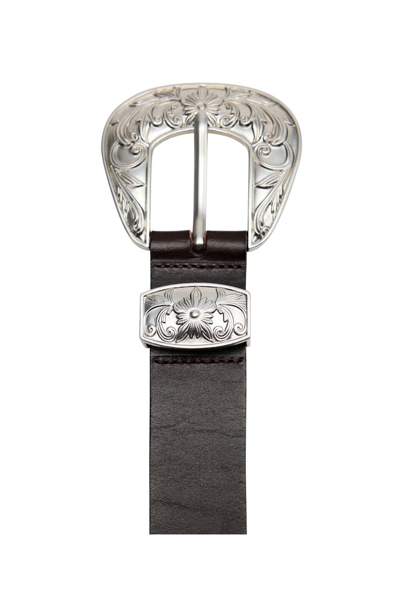 Engraved Buckle Leather Belt, Alternate, color, CHOCOLATE