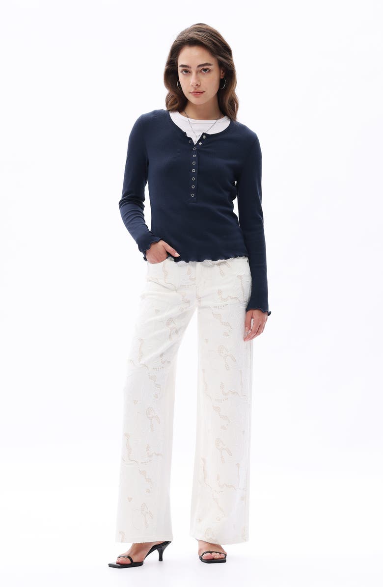 Bayeas Lace Inset Embroidered Wide Leg Jeans, Alternate, color, White