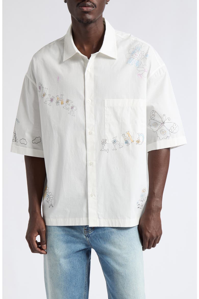 Oversize Scribble Short Sleeve Cotton Poplin Button-Up Shirt, Main, color, WHITE POPLIN