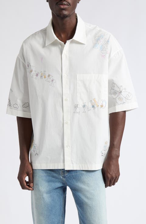 Oversize Scribble Short Sleeve Cotton Poplin Button-Up Shirt