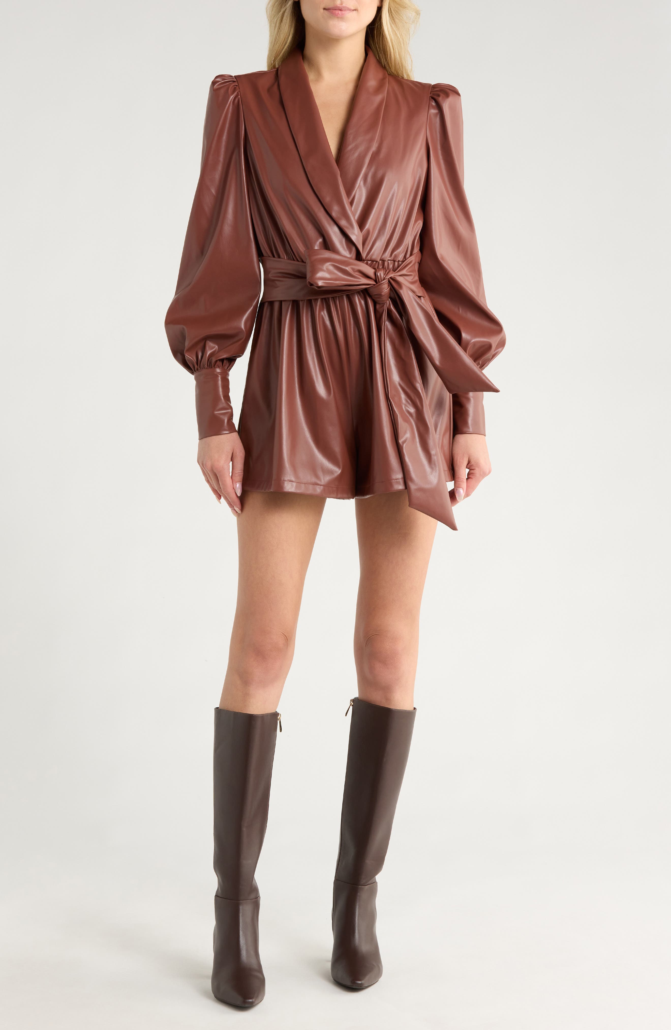 AREA STARS Jade Faux Leather Long Sleeve Romper