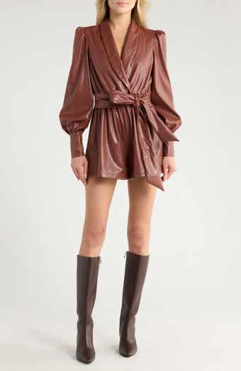 AREA STARS Jade Faux Leather Long Sleeve Romper