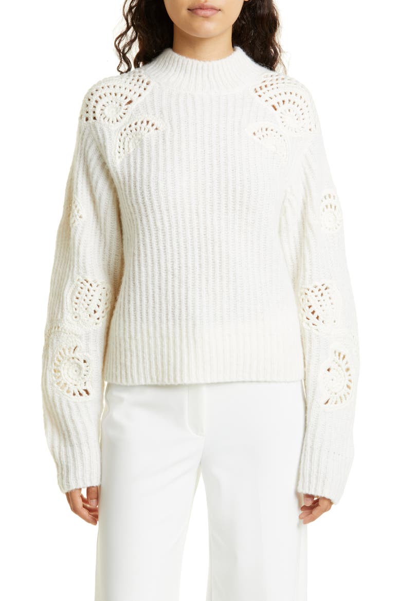 Crochet Shell Accent Rib Sweater, Main, color, OFF WHITE