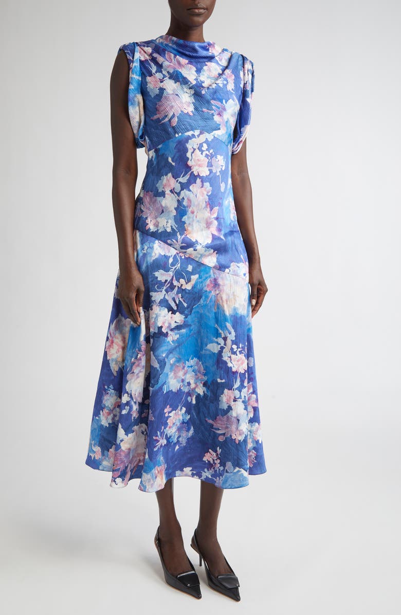 Erdem Floral Print Sleeveless Crinkled Satin Midi Dress, Main, color, Artist Garden Pale Cobalt