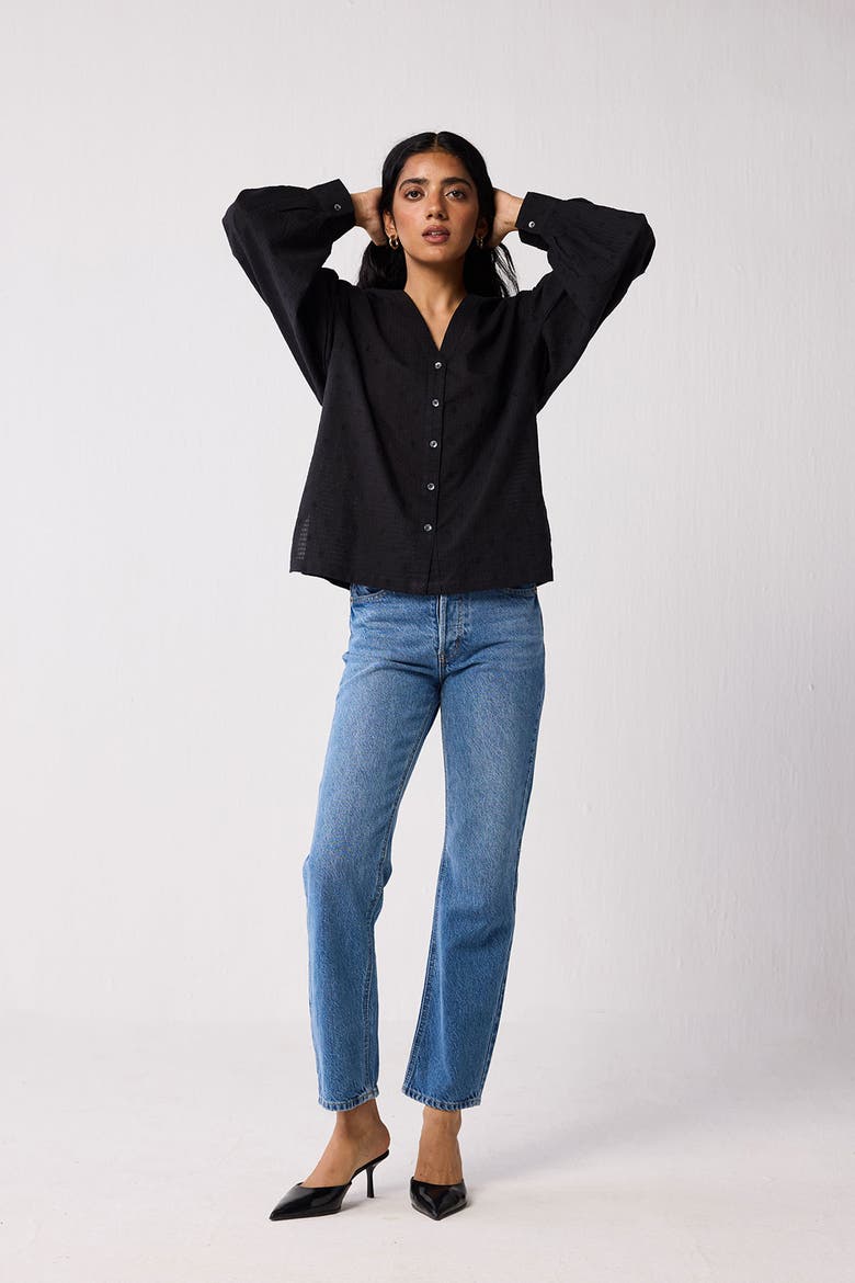 Embroidered Shirt with Long Balloon Sleeves, Alternate, color, Black