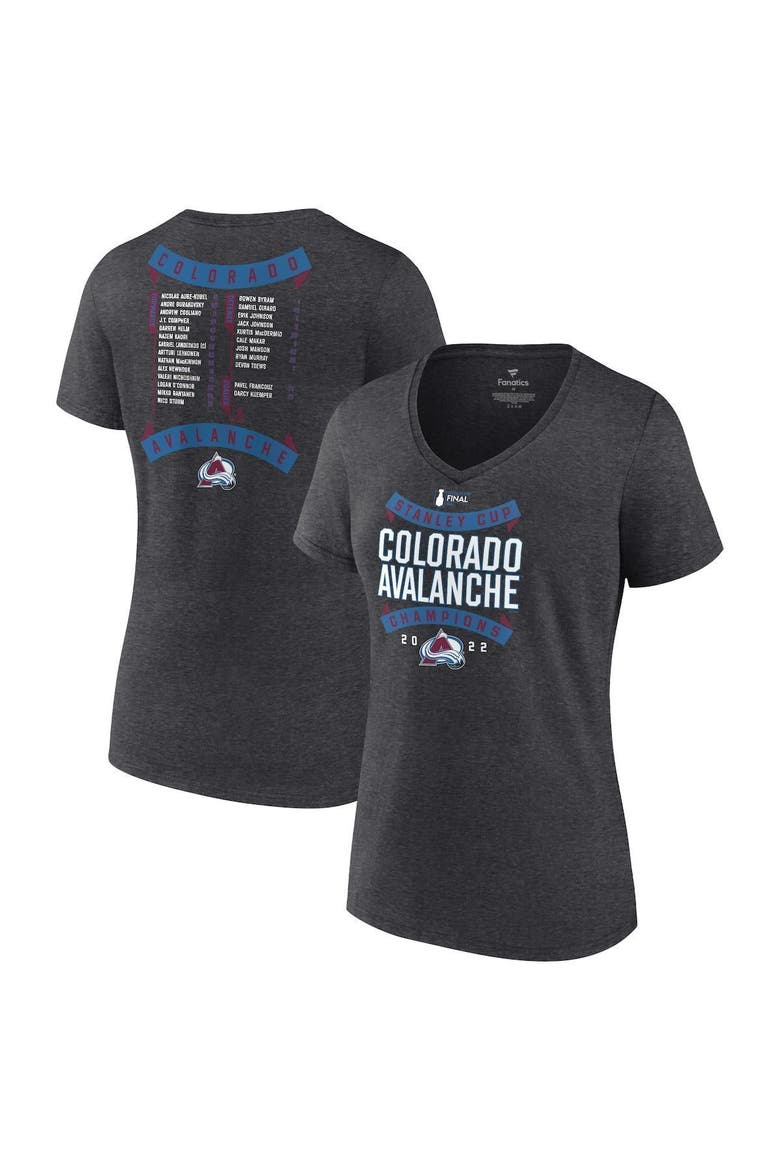 Women's Fanatics Branded Heathered Charcoal Colorado Avalanche 2022 Stanley Cup Champions Roster V-Neck T-Shirt, Main, color, Heather Charcoal