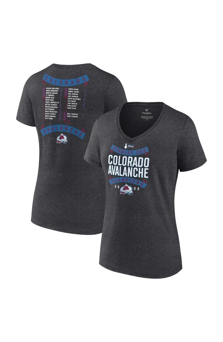 FANATICS Women's Fanatics Branded Heathered Charcoal Colorado Avalanche 2022 Stanley Cup Champions Roster V-Neck T-Shirt, Main, color,