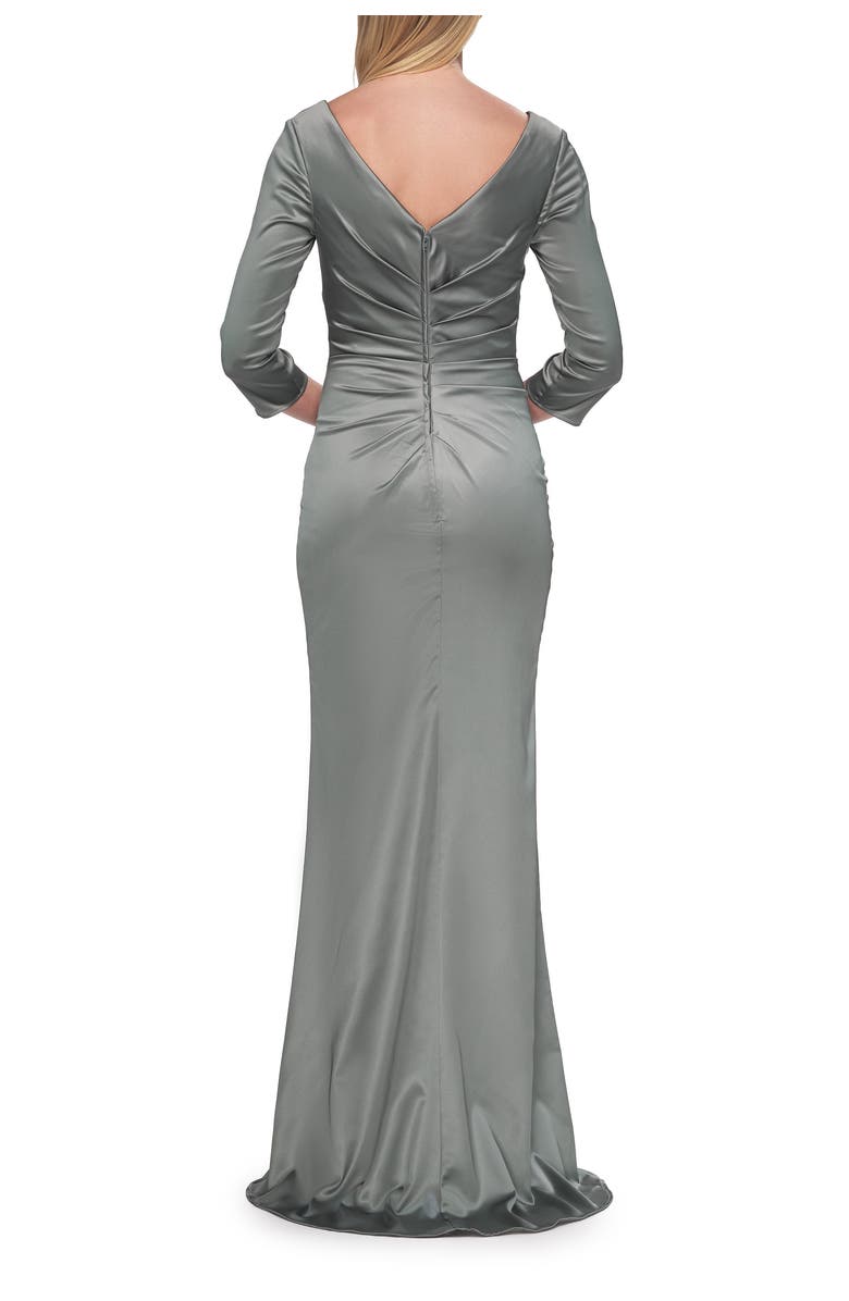 La Femme V-Neck Satin Gown with Ruched Bodice and Sleeves, Alternate, color, Dusty Sage