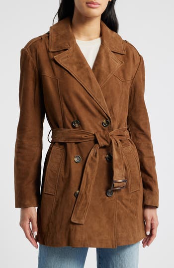 Bernardo Suede Belted Trench Coat In Brown