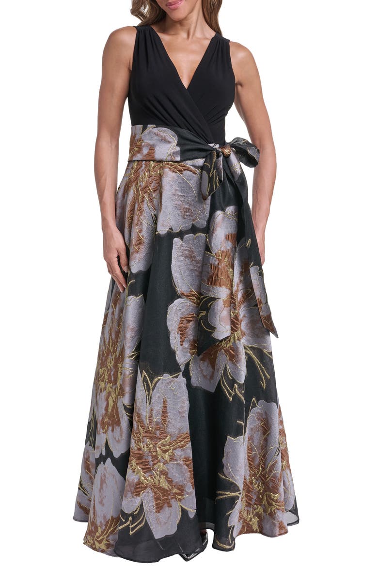 Metallic Floral Jacquard Mixed Media Ball Gown, Main, color, BLACK GREY