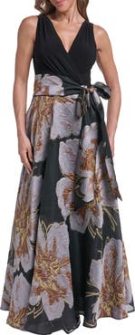 Eliza J Metallic Floral Jacquard Mixed Media Ball Gown