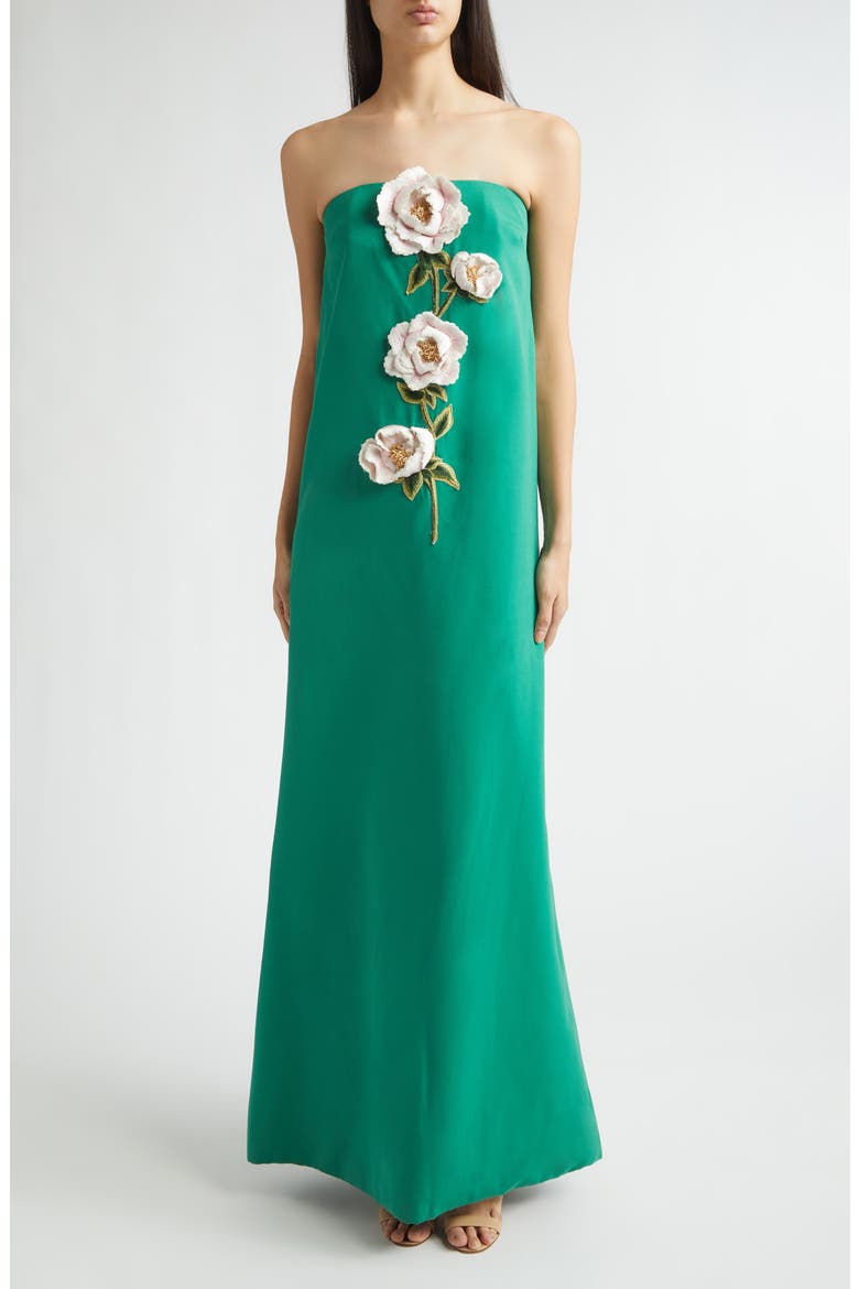 3D Peony Embroidered Strapless Faille Gown, Main, color, FERN/ PINK