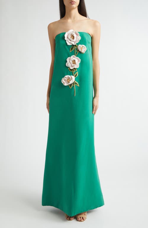 Lela Rose 3D Peony Embroidered Strapless Faille Gown in Fern/pink at Nordstrom, Size 6