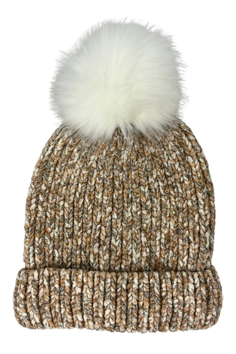Chenille Beanie with Faux Fur Pompom, Main, color, TAUPE