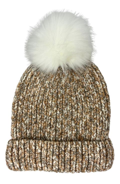 Chenille Beanie with Faux Fur Pompom