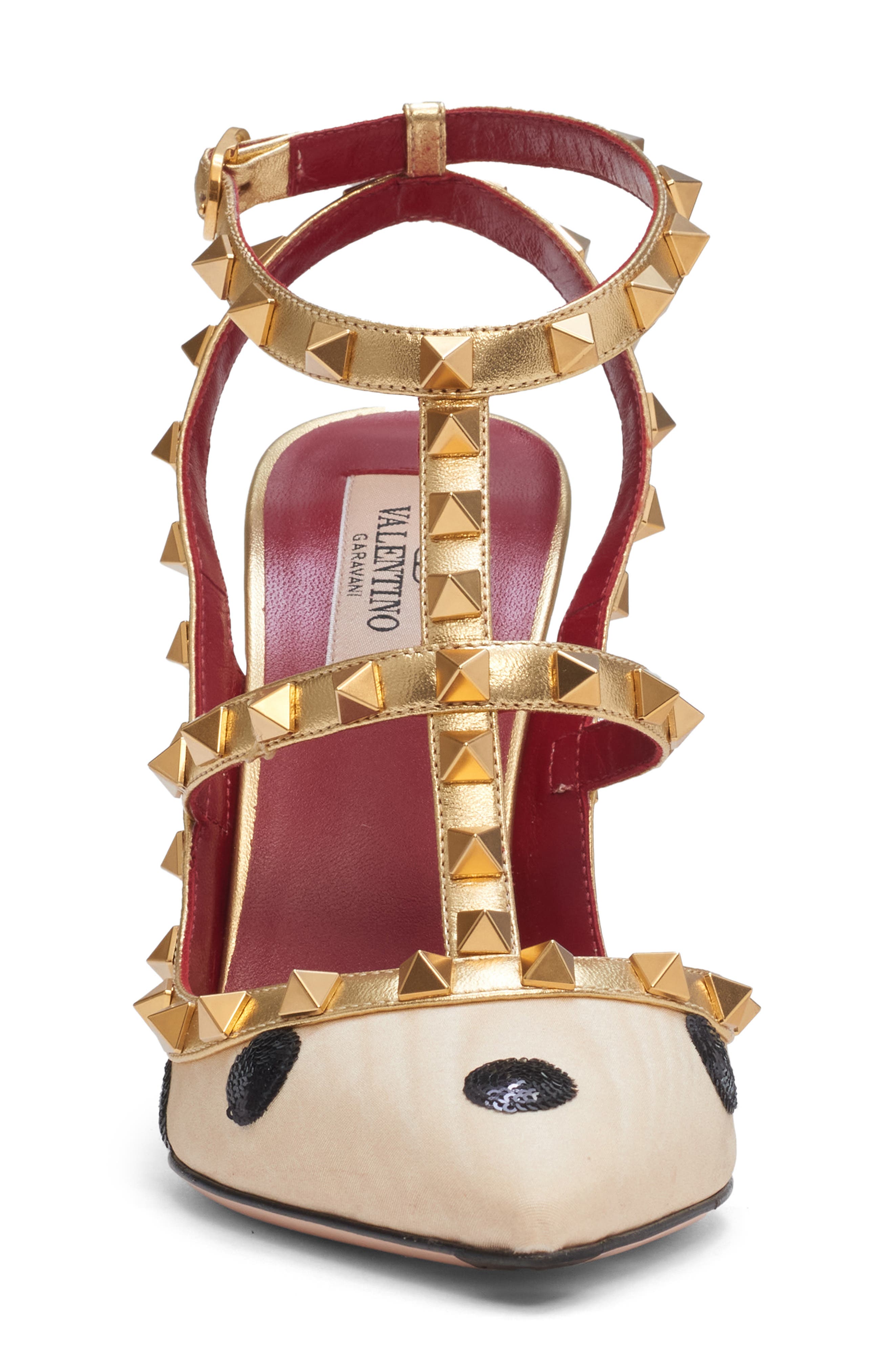 Valentino Garavani Rockstud Sequin Polka Dot Satin Ankle Strap Pump, Alternate, color, Butter/ Black