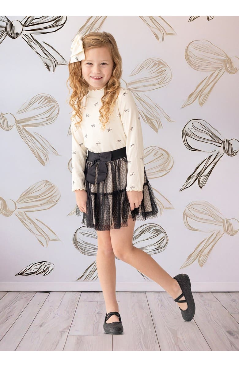 Mabel + Honey Mabel and Honey Bow Chic Two-Piece Set for Girls, Ivory Bow-Print Top and Black Layered Lace Skirt., Alternate, color, Ivory