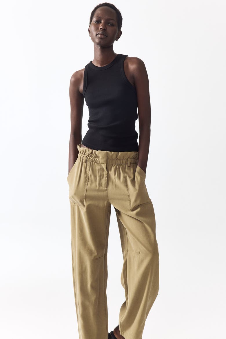 Barrel-leg Paper-bag Pants, Alternate, color, Light khaki green