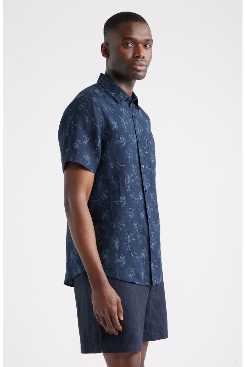 Leaf Print Short Sleeve Linen Button-Up Shirt, Alternate, color, NAVY WASHED LEAVES