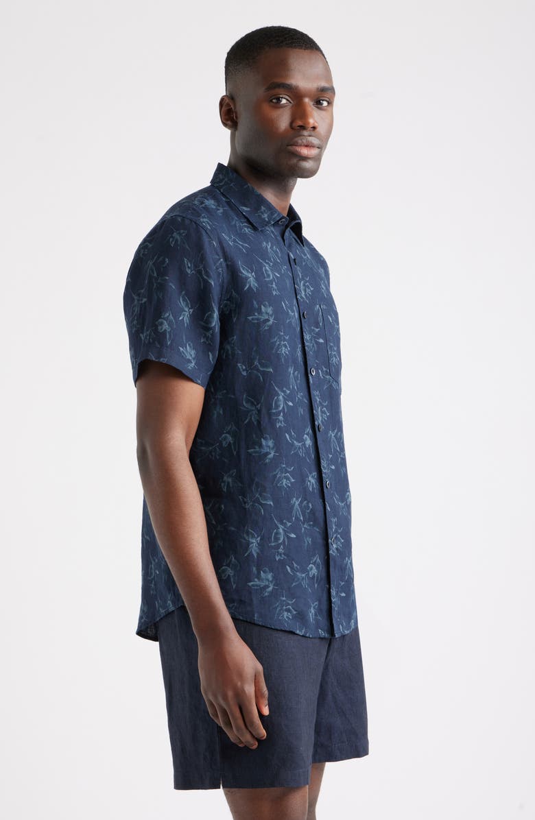 Nordstrom Leaf Print Short Sleeve Linen Button-Up Shirt, Alternate, color, Navy Washed Leaves