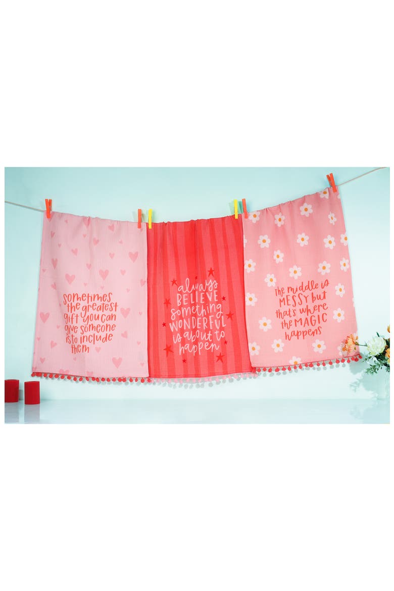 Believe in Something Wonderful Set of 3 Kitchen Towels, Alternate, color, PINK/ RED/ WHITE