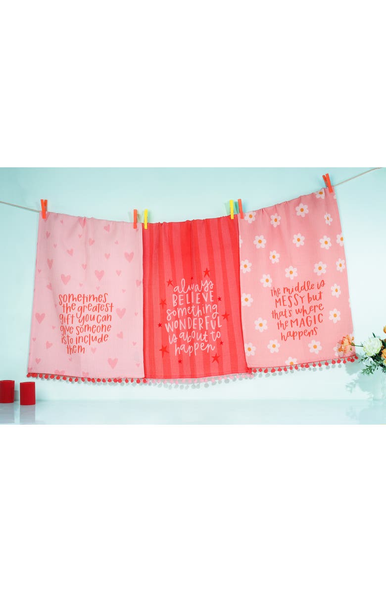 Tiramisu Believe in Something Wonderful Set of 3 Kitchen Towels, Alternate, color, Pink/ Red/ White