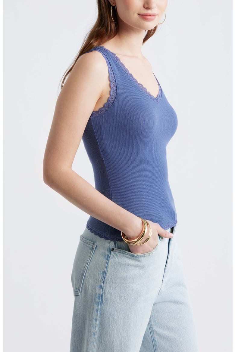 Pointelle Lace Trim Cotton Blend V-Neck Tank, Alternate, color, BLUE INDIGO