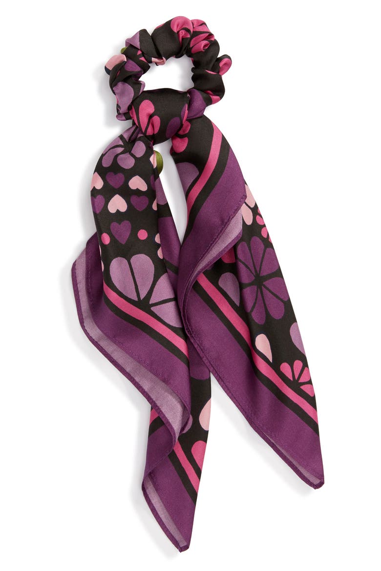 spade clover patchwork silk hair tie, Alternate, color, BLACK