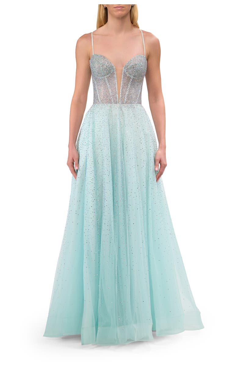La Femme Prom Gown with Rhinestone Tulle and Illusion Corset Bodice, Main, color, Arctic Blue