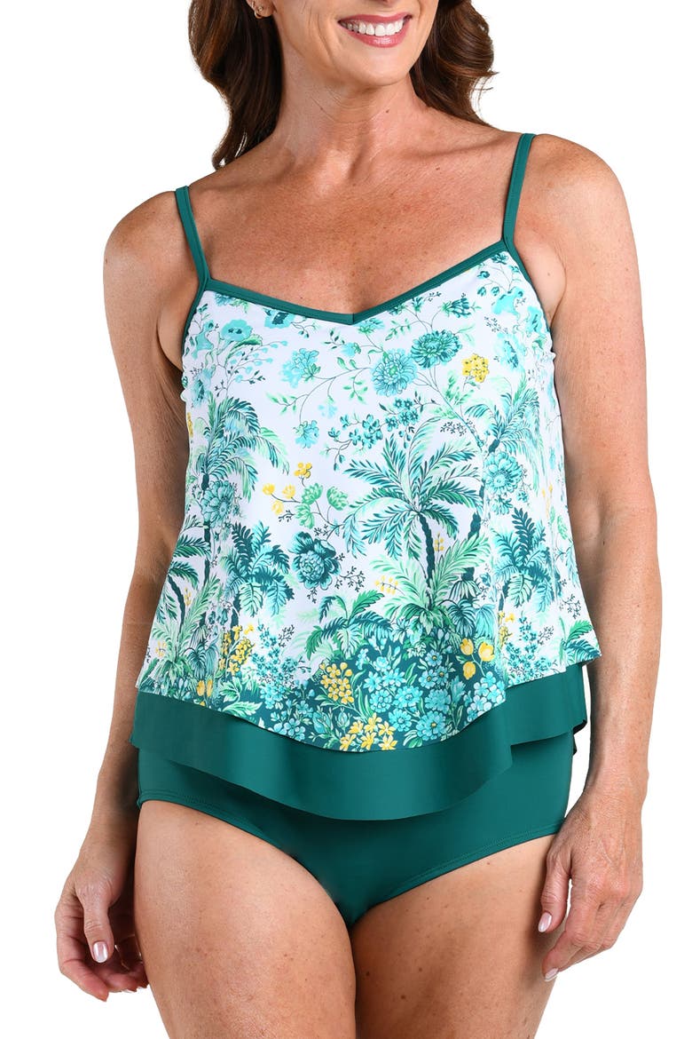 Picturesque Palm Flutter Hem Tankini Swim Top, Main, color, JUNGLE