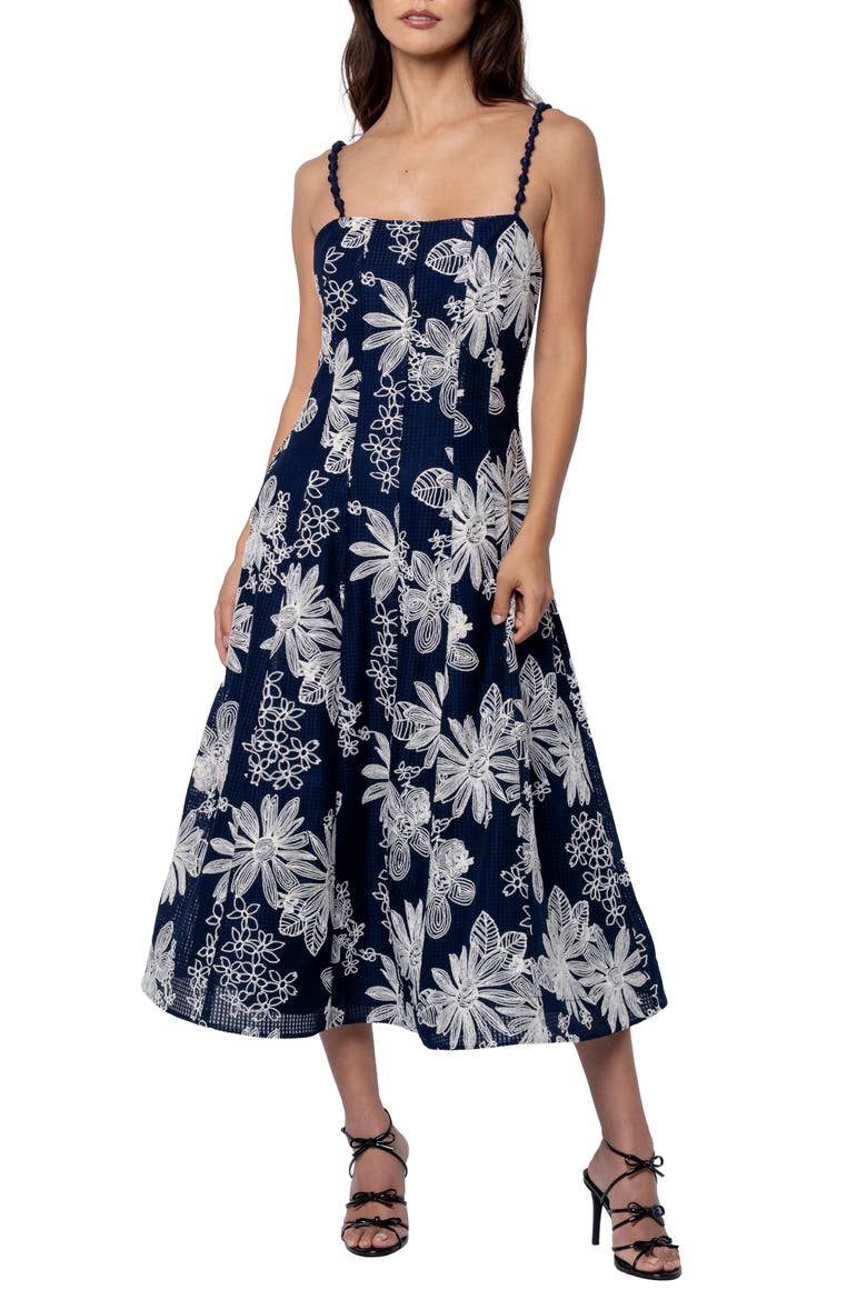 Namie Floral Embroidery A-Line Dress, Main, color, NAVY CREAM