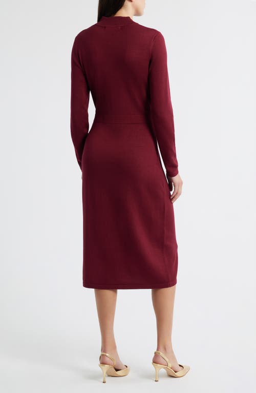 Julia Jordan Button Mock Neck Long Sleeve Midi Dress In Burgundy