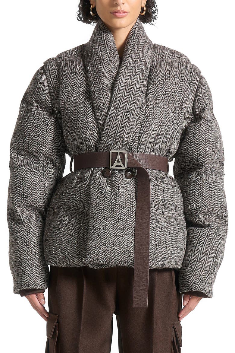 Inez Herringbone Wool Wrap Belted Puffer Jacket, Main, color, Brown