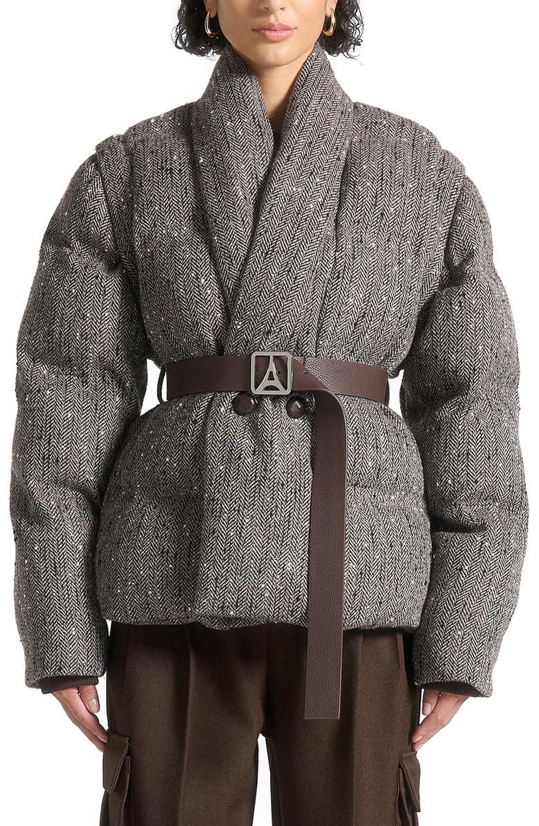 Manière De Voir Inez Herringbone Wool Wrap Belted Puffer Jacket, Alternate, color, Brown