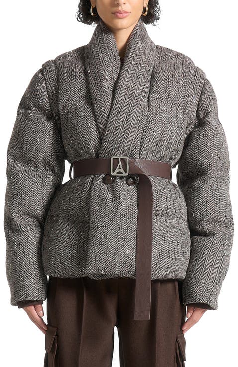 Inez Herringbone Wool Wrap Belted Puffer Jacket