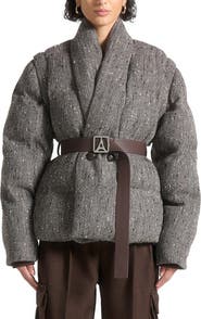 Manière De Voir Inez Herringbone Wool Wrap Belted Puffer Jacket