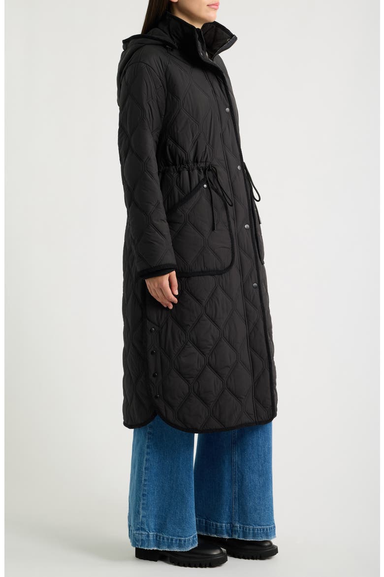 Hooded Diamond Quilted Long Coat, Alternate, color, BLACK