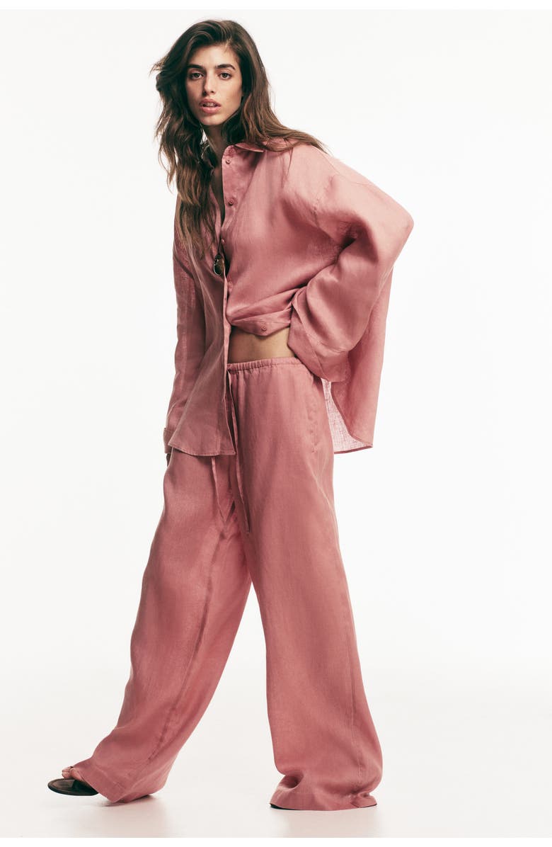 H&M Linen Drawstring Trousers, Alternate, color, Dusty Pink