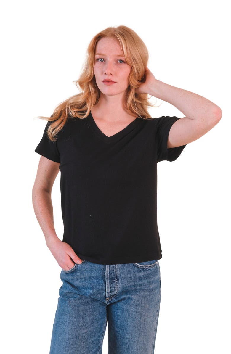 POPLINEN Louise Organic Cotton + Tencel V-neck Tee, Main, color, Black