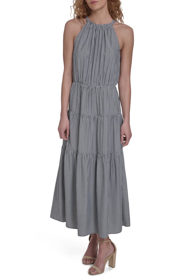 Tie Neck Tiered Maxi Dress, Main, color, SKY CAPTAIN / BRIGHT WHITE