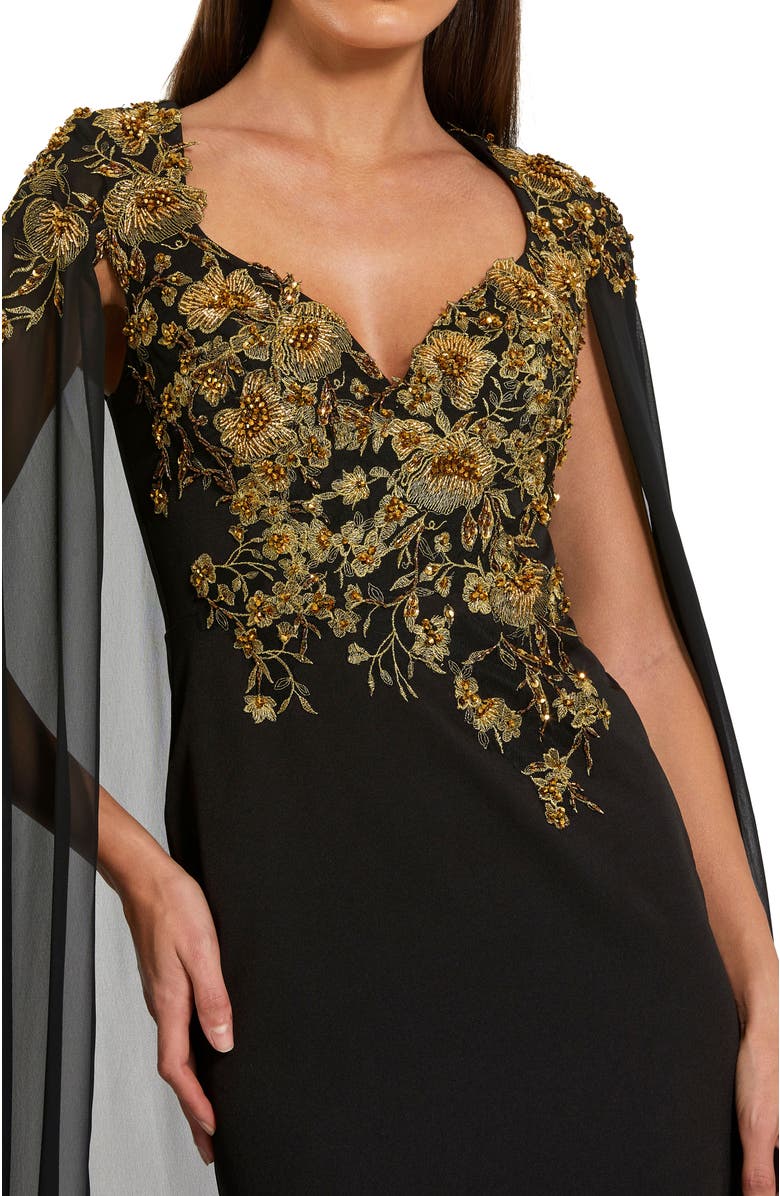 Mac Duggal Embellished Crepe Gown With Chiffon Cape Sleeves, Alternate, color, Black Gold