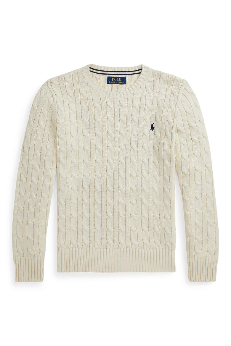 Kids' Cabled Cotton Crewneck Sweater, Main, color, CREAM