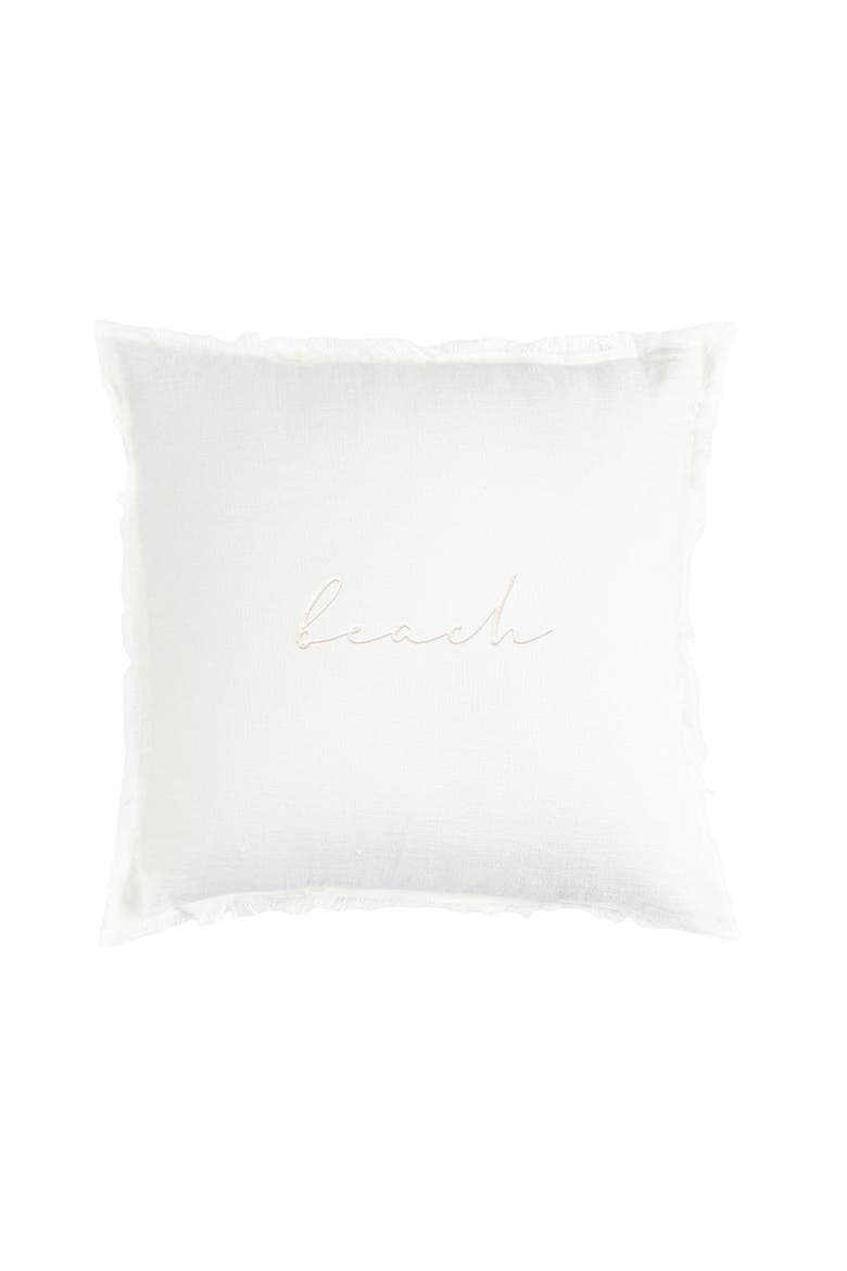 Beach Script Embroidered White Linen Fringe Pillow with Down Insert, Main, color, White