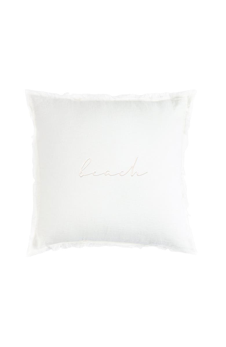 Anaya Beach Script Embroidered White Linen Fringe Pillow with Down Insert, Main, color, White