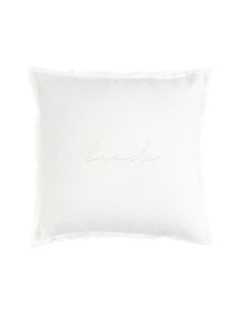 Beach Script Embroidered White Linen Fringe Pillow with Down Insert