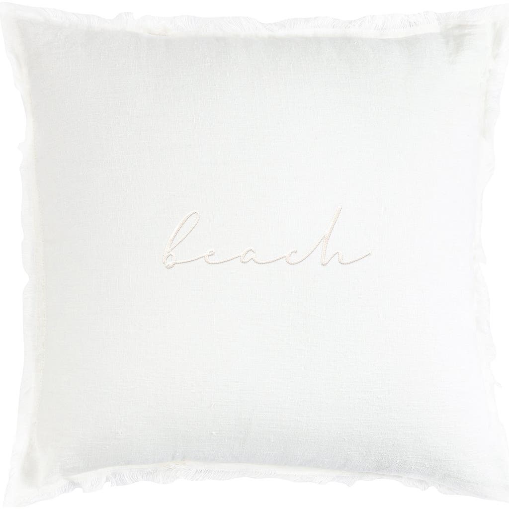 Anaya Beach Script Embroidered White Linen Fringe Pillow With Down Insert In White